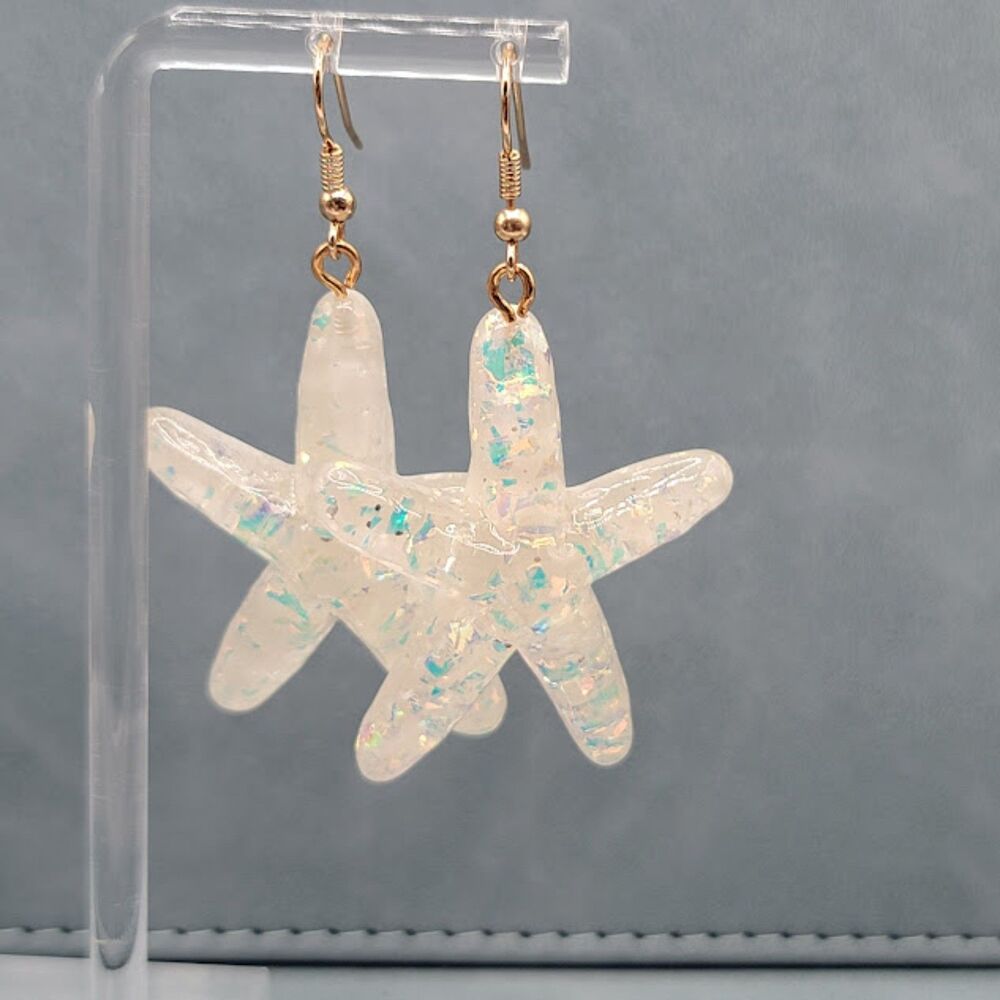 White Iridescent flake Starfish earrings